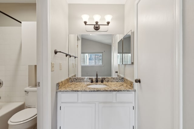 full bathroom featuring vanity, toilet, shower / tub combination, and lofted ceiling