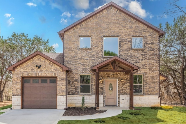 view of front facade featuring concrete driveway, brick siding, an attached garage, and a shingled roof