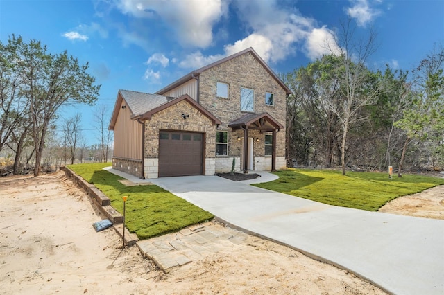 view of front of property featuring a garage, brick siding, concrete driveway, stone siding, and a front yard