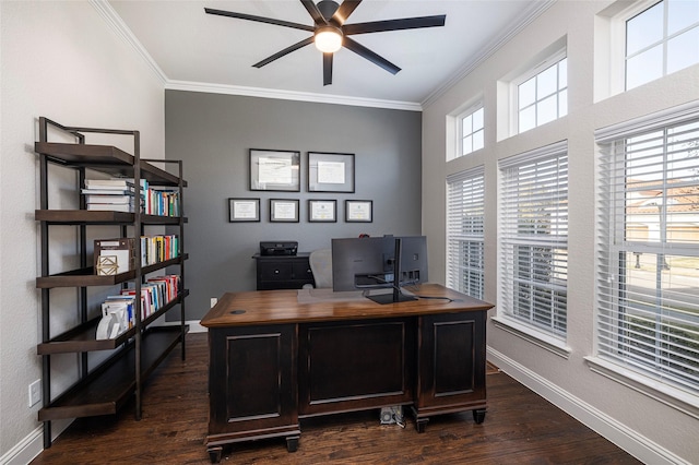 home office with baseboards, dark wood finished floors, a ceiling fan, and crown molding