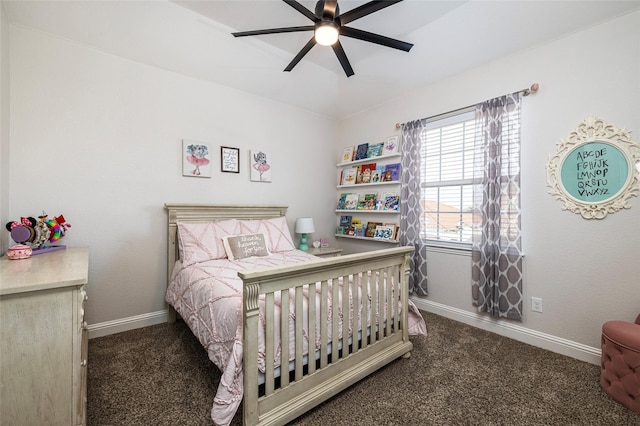 carpeted bedroom featuring a ceiling fan and baseboards