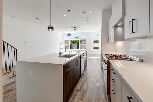 kitchen featuring a sink, light countertops, appliances with stainless steel finishes, light wood-type flooring, and modern cabinets