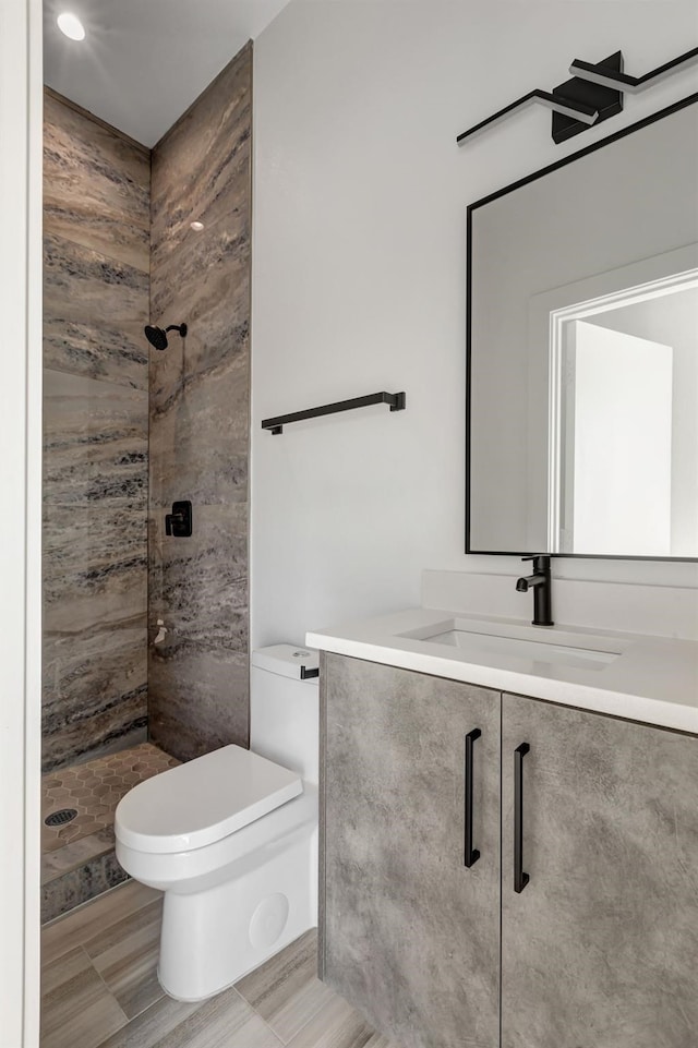 bathroom with a shower stall, toilet, and vanity