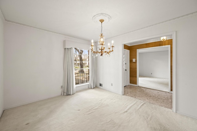 unfurnished dining area featuring carpet, visible vents, and a notable chandelier