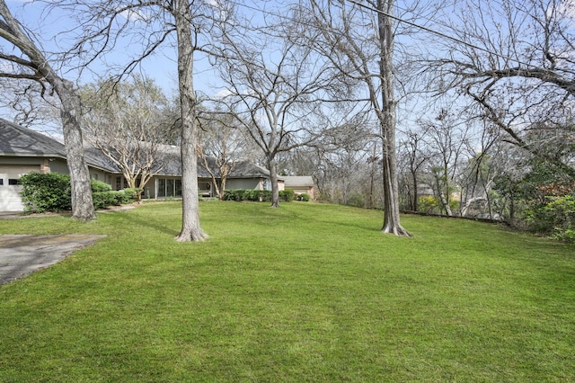 view of yard featuring an attached garage and driveway