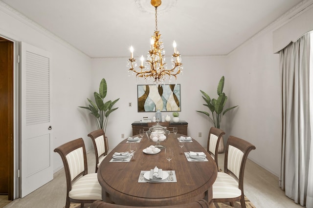 dining area with light carpet, an inviting chandelier, and ornamental molding