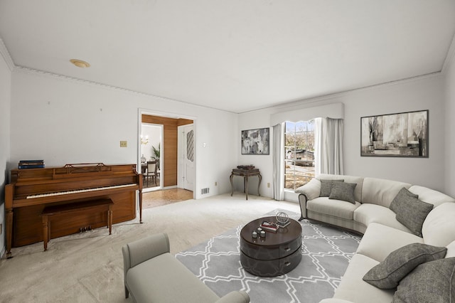 living area featuring carpet floors and visible vents