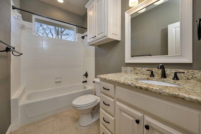 bathroom with vanity, toilet, shower / bathtub combination, and tile patterned flooring