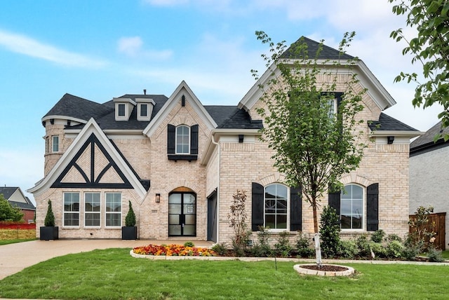 1813 Cousins Trl, Frisco, TX 75034 - french country home featuring a front lawn, brick siding, and roof with shingles