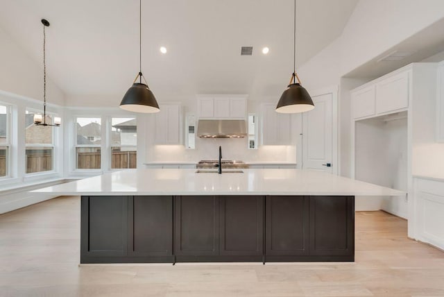 kitchen featuring under cabinet range hood, a large island, white cabinets, and light countertops