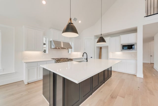 1813 Cousins Trl, Frisco, TX 75034 - kitchen featuring a sink, ventilation hood, stainless steel microwave, high vaulted ceiling, and backsplash