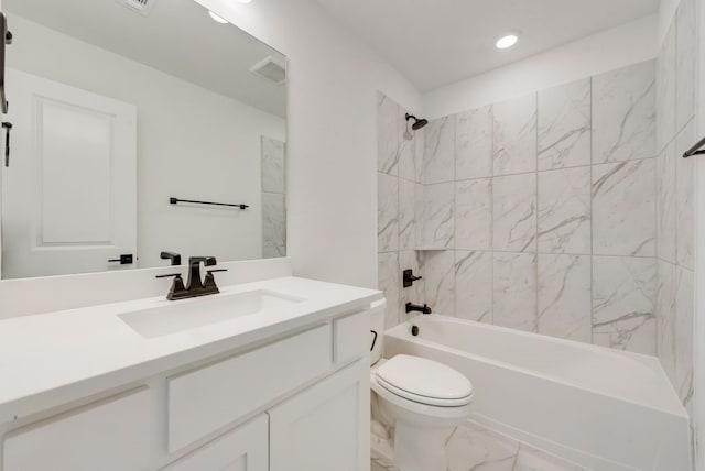 full bath with shower / tub combination, toilet, visible vents, vanity, and marble finish floor