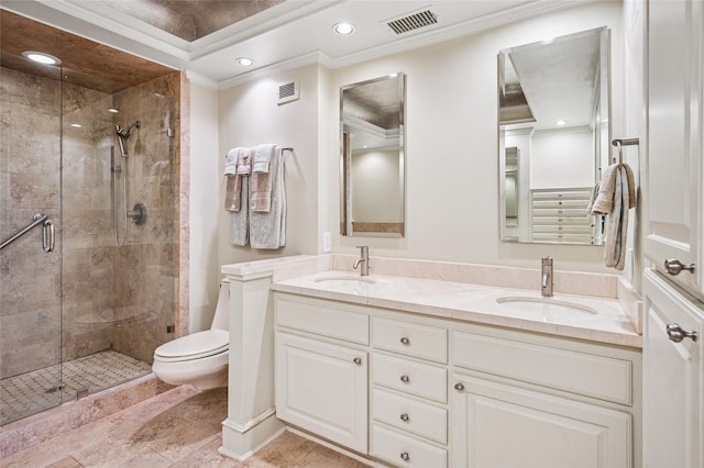 bathroom with a sink, visible vents, and a shower stall