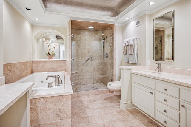 bathroom featuring visible vents, crown molding, a shower stall, and vanity