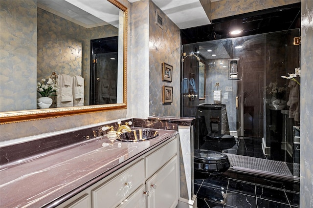 full bath with toilet, wallpapered walls, visible vents, and vanity