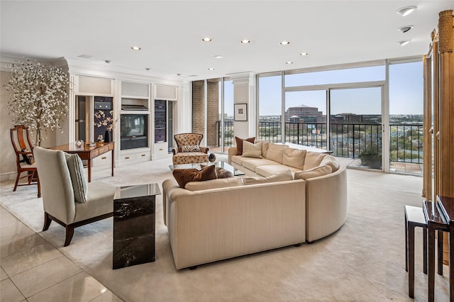 living room with expansive windows, light tile patterned flooring, and recessed lighting