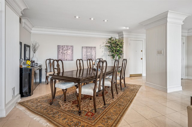 dining room with light tile patterned floors, baseboards, ornamental molding, and recessed lighting