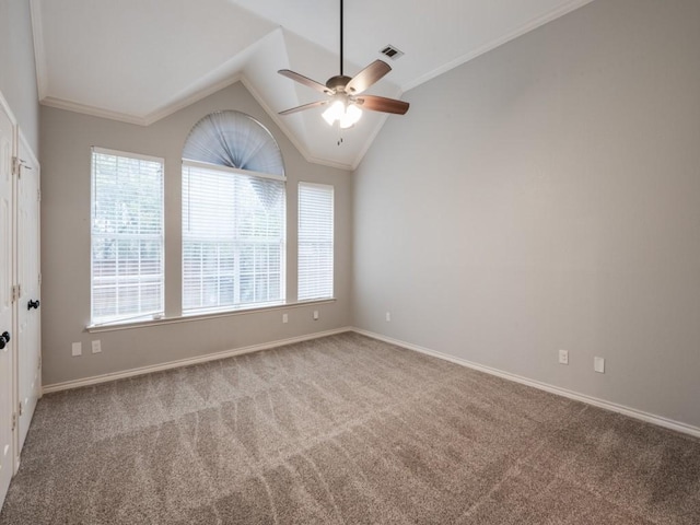 unfurnished room with carpet, visible vents, vaulted ceiling, and baseboards