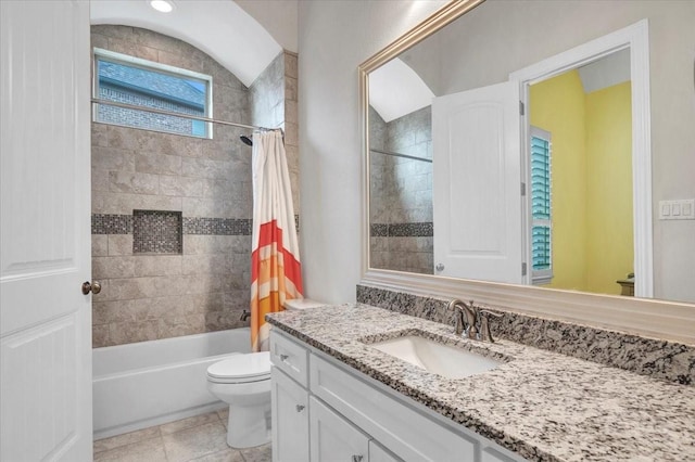 bathroom featuring shower / tub combo, toilet, tile patterned flooring, and vanity