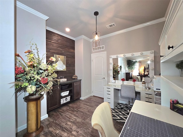 home office featuring visible vents, ornamental molding, dark wood finished floors, and baseboards