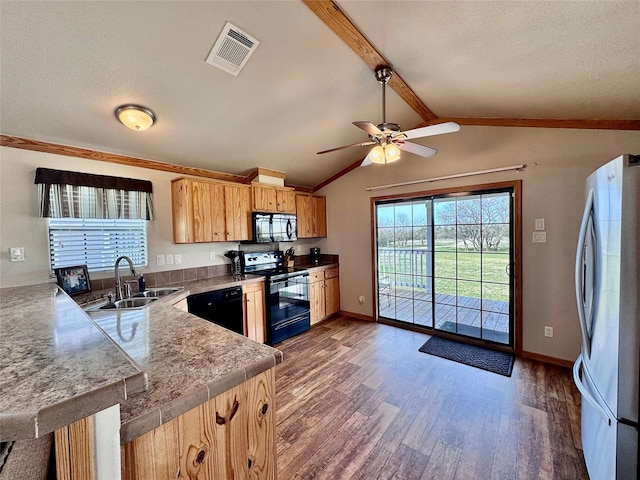 kitchen with visible vents, black appliances, a wealth of natural light, and a sink