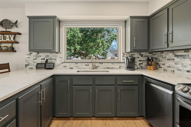 kitchen featuring light stone counters, light wood finished floors, a sink, appliances with stainless steel finishes, and backsplash