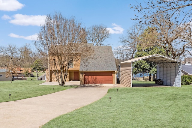 view of front of home with a front lawn, concrete driveway, and a carport