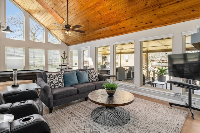 living room featuring wood finished floors, wood ceiling, a ceiling fan, and high vaulted ceiling