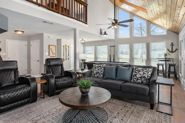 living area featuring light wood finished floors, visible vents, ceiling fan, wood ceiling, and high vaulted ceiling