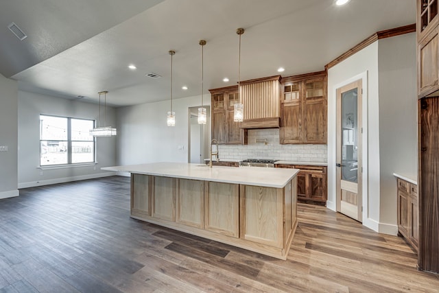 kitchen with wood finished floors, light countertops, custom exhaust hood, tasteful backsplash, and glass insert cabinets