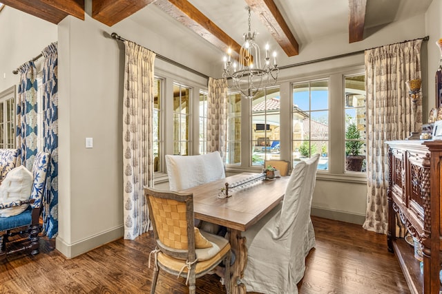 dining area with dark wood-style flooring, an inviting chandelier, beam ceiling, and baseboards