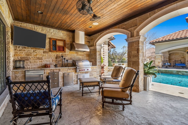 view of patio / terrace featuring a ceiling fan, an outdoor pool, and area for grilling