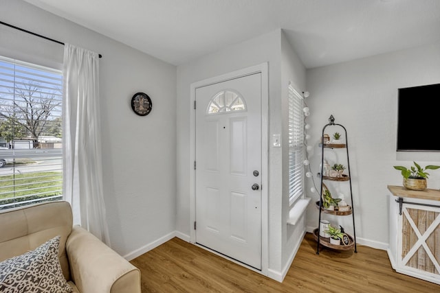 foyer featuring a healthy amount of sunlight, light wood finished floors, and baseboards