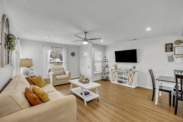 living area featuring recessed lighting, visible vents, light wood-style flooring, and baseboards