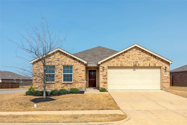 ranch-style home with a garage, brick siding, driveway, and roof with shingles