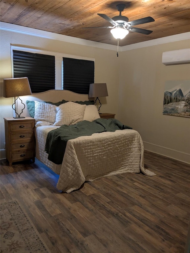 bedroom with baseboards, a wall unit AC, wooden ceiling, ornamental molding, and wood finished floors