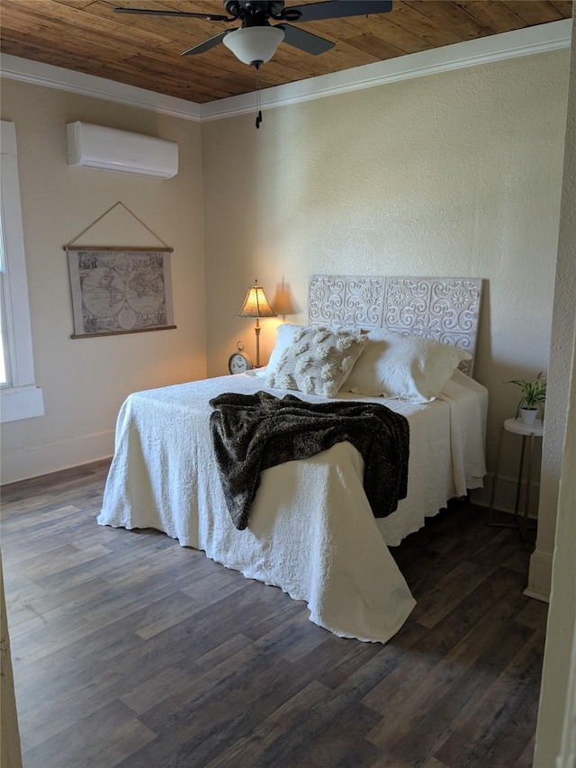 bedroom with crown molding, a ceiling fan, wood ceiling, an AC wall unit, and wood finished floors