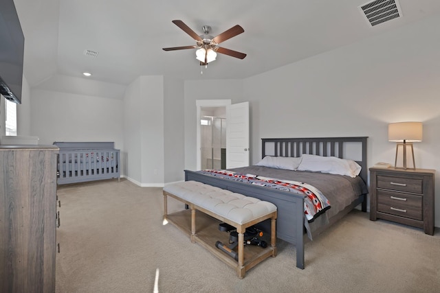 carpeted bedroom featuring baseboards, visible vents, and a ceiling fan