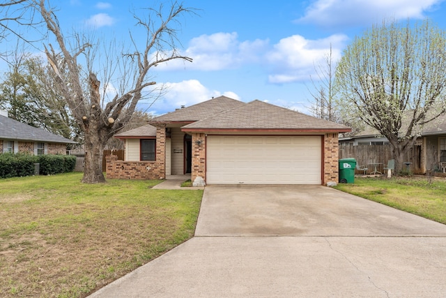 ranch-style home with brick siding, a front lawn, fence, concrete driveway, and a garage