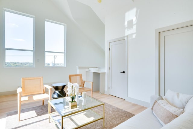 living room featuring lofted ceiling and light wood-style floors