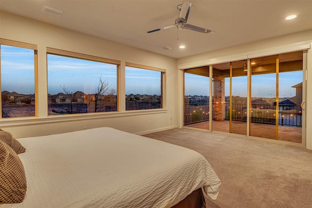 bedroom with visible vents, ceiling fan, recessed lighting, carpet, and access to exterior