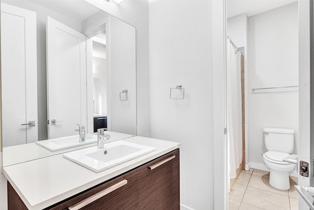 full bath featuring vanity, baseboards, curtained shower, tile patterned floors, and toilet