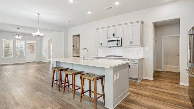 kitchen featuring a center island with sink, visible vents, a sink, decorative backsplash, and stainless steel appliances