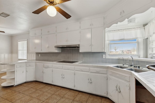 kitchen with a sink, black electric stovetop, under cabinet range hood, white cabinets, and open shelves