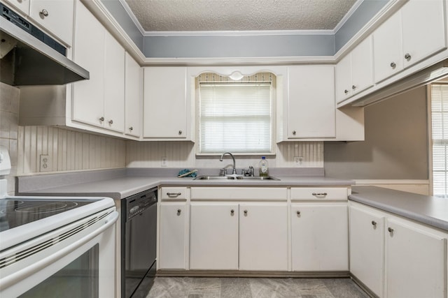 kitchen with electric stove, dishwasher, crown molding, under cabinet range hood, and a sink