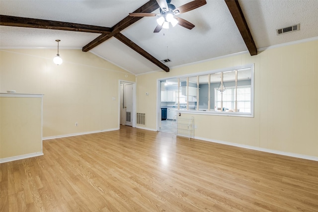 unfurnished living room featuring lofted ceiling with beams, ceiling fan, light wood finished floors, and visible vents