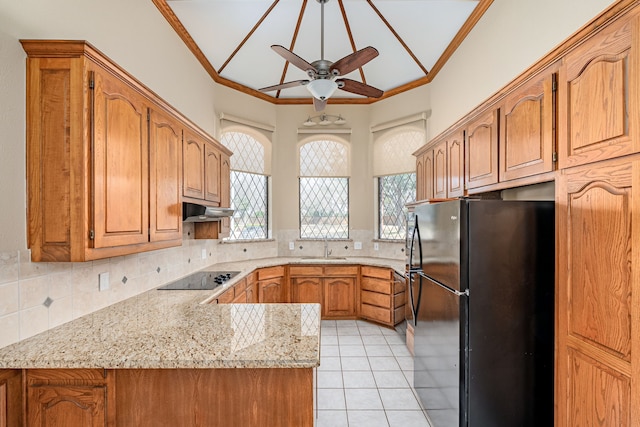 kitchen featuring crown molding, a sink, under cabinet range hood, and black appliances