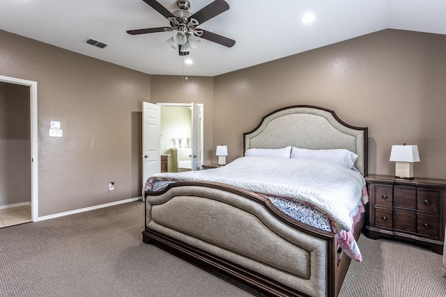 carpeted bedroom with lofted ceiling, recessed lighting, visible vents, ceiling fan, and baseboards