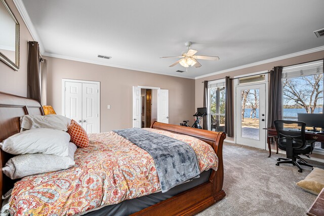 7811 Double Oaks Rd, Athens, TX 75752 - bedroom with access to outside, crown molding, carpet floors, and ceiling fan