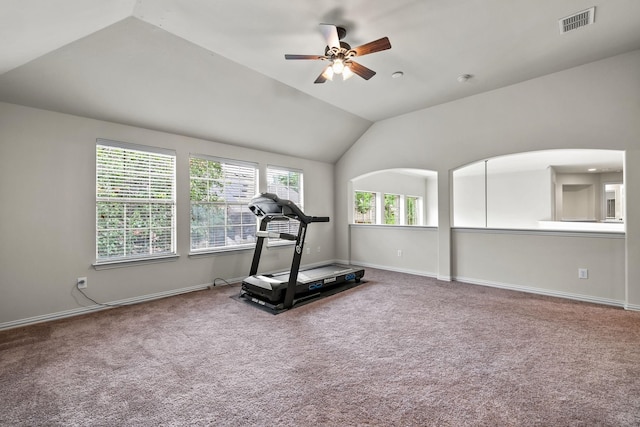 workout room featuring carpet floors, baseboards, visible vents, and vaulted ceiling